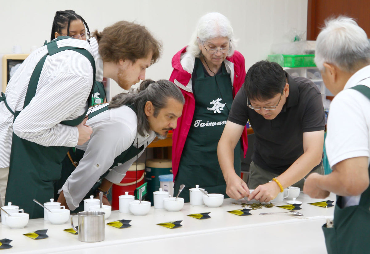 A group of people in aprons working together to examinating taiwanese teas